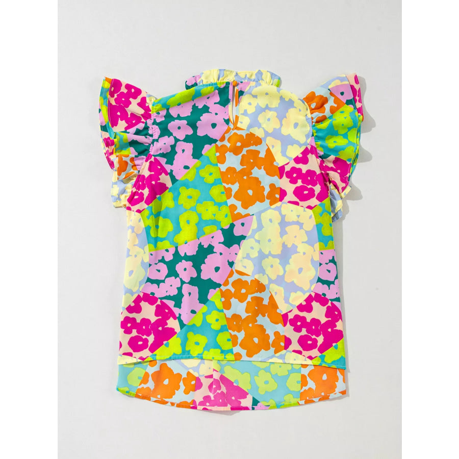 Printed Ruffled Cap Sleeve Blouse Apparel and Accessories
