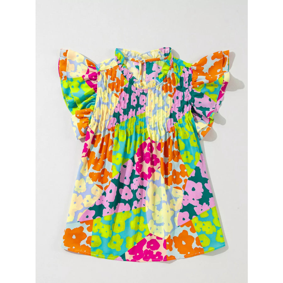 Printed Ruffled Cap Sleeve Blouse Apparel and Accessories