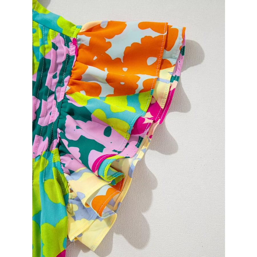 Printed Ruffled Cap Sleeve Blouse Apparel and Accessories
