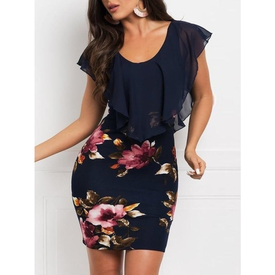 Printed Ruffled Cap Sleeve Mini Dress Navy / S Apparel and Accessories