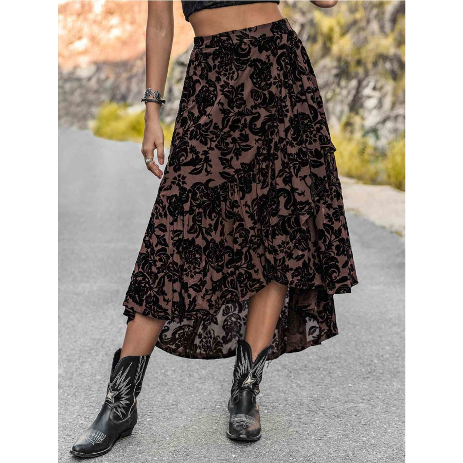 Printed Ruffled Midi Skirt