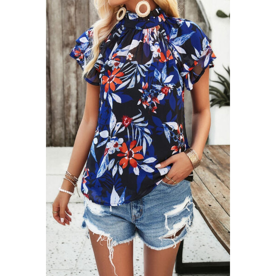 Printed Ruffled Mock Neck Blouse Black / S Clothing