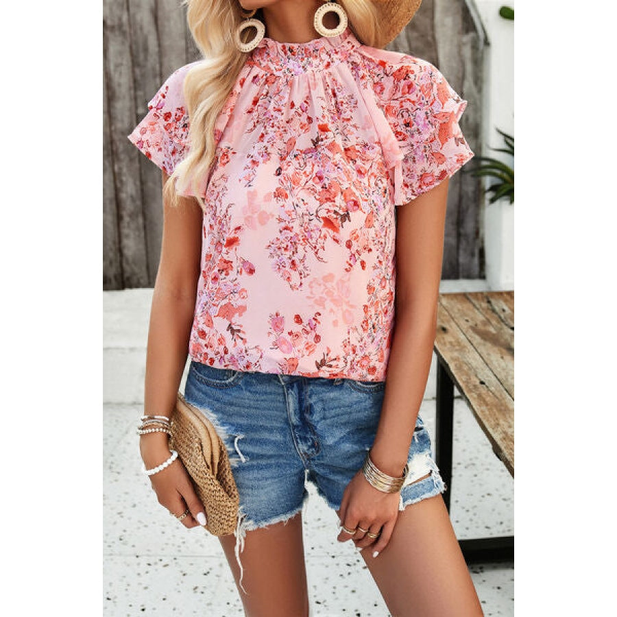 Printed Ruffled Mock Neck Blouse Blush Pink / S Clothing