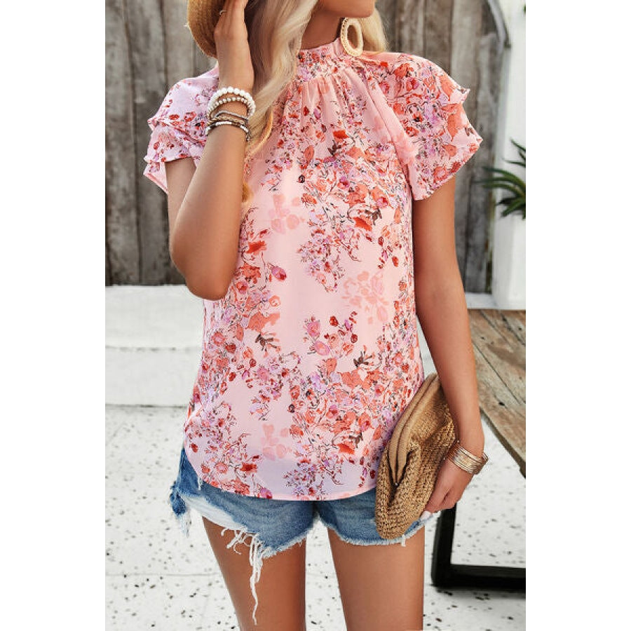 Printed Ruffled Mock Neck Blouse Clothing