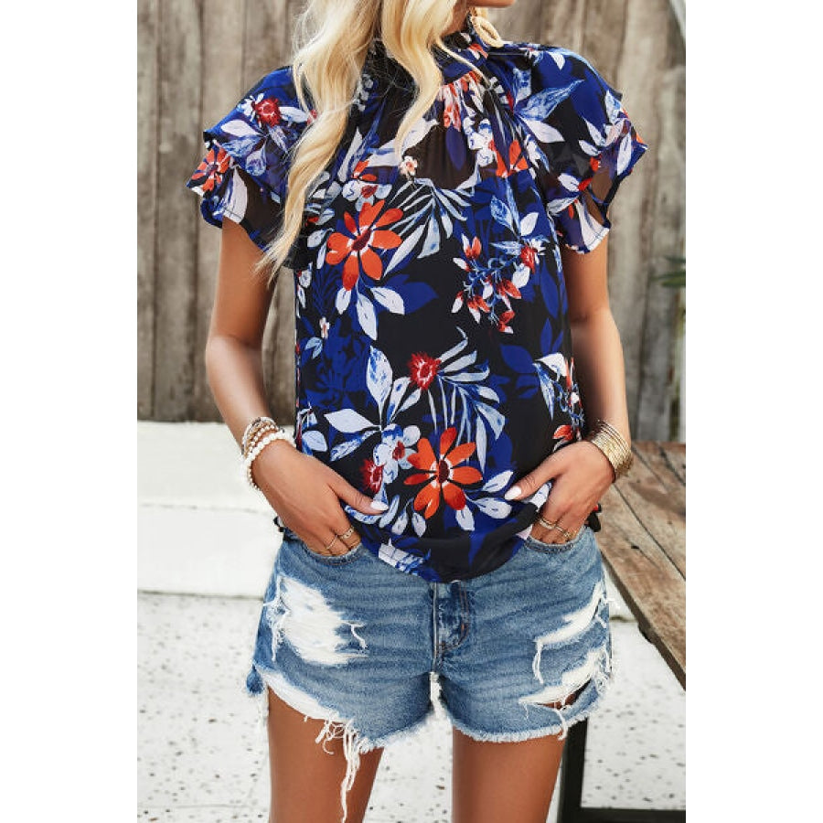 Printed Ruffled Mock Neck Blouse Clothing