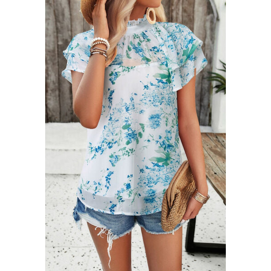 Printed Ruffled Mock Neck Blouse Clothing