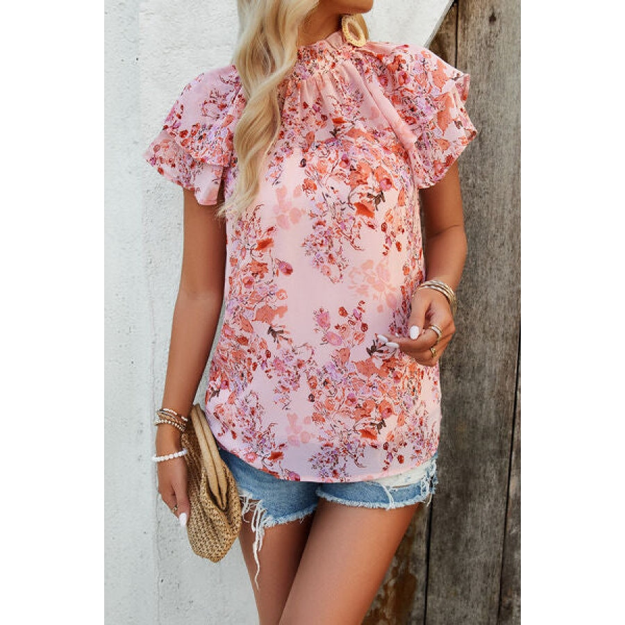 Printed Ruffled Mock Neck Blouse Clothing