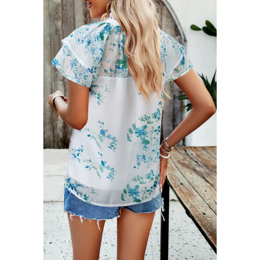 Printed Ruffled Mock Neck Blouse Clothing