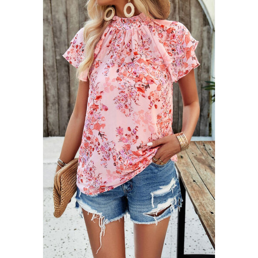 Printed Ruffled Mock Neck Blouse Clothing