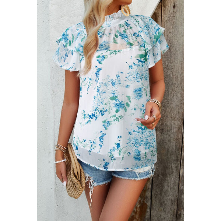 Printed Ruffled Mock Neck Blouse Clothing