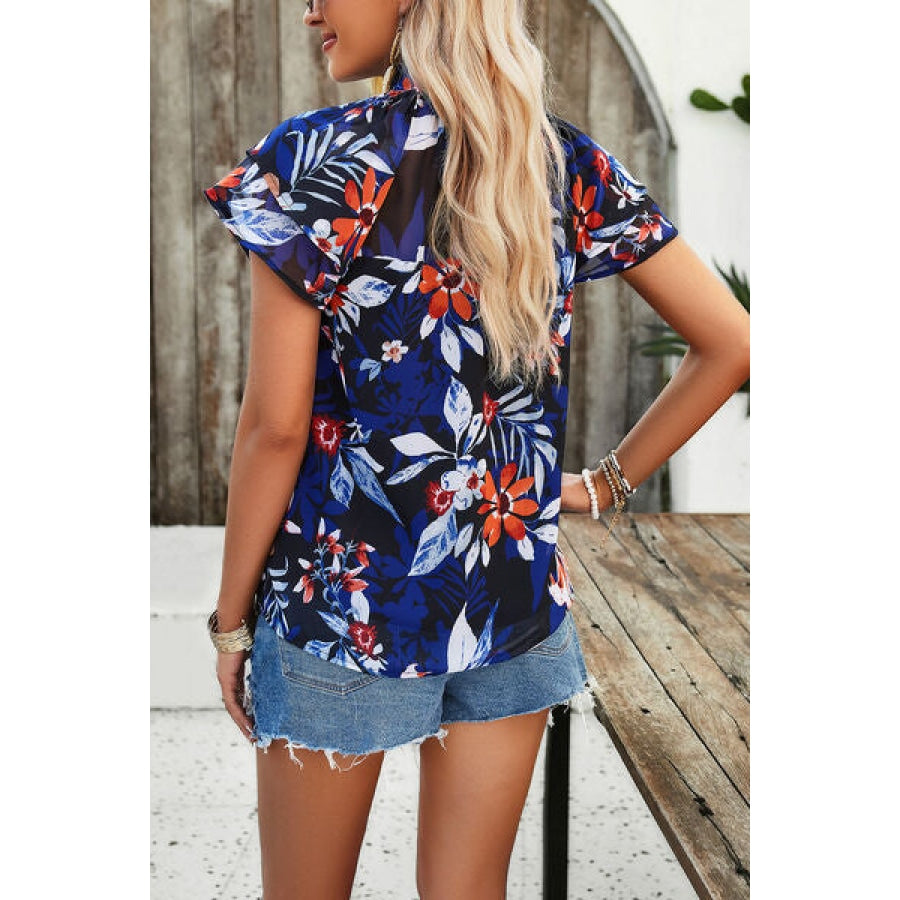 Printed Ruffled Mock Neck Blouse Clothing