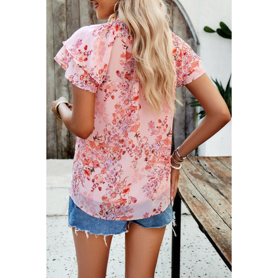 Printed Ruffled Mock Neck Blouse Clothing