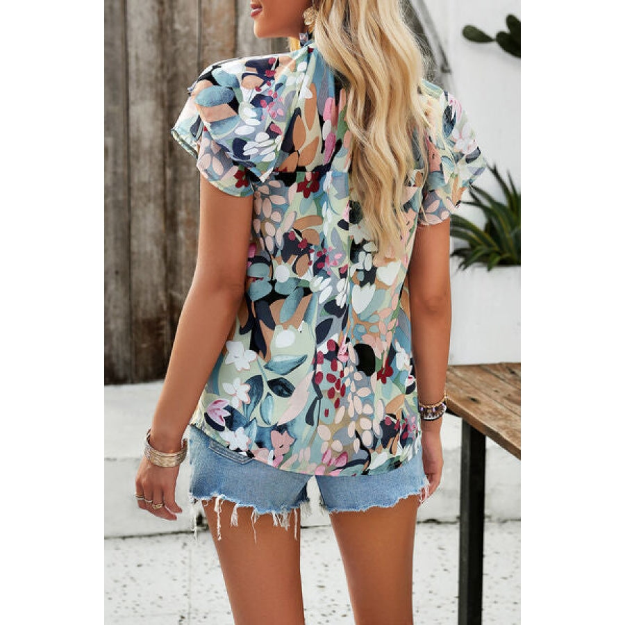 Printed Ruffled Mock Neck Blouse Clothing