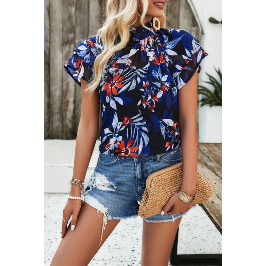 Printed Ruffled Mock Neck Blouse Clothing