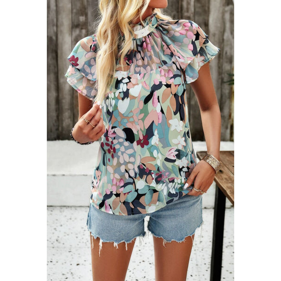 Printed Ruffled Mock Neck Blouse Multicolor / S Clothing