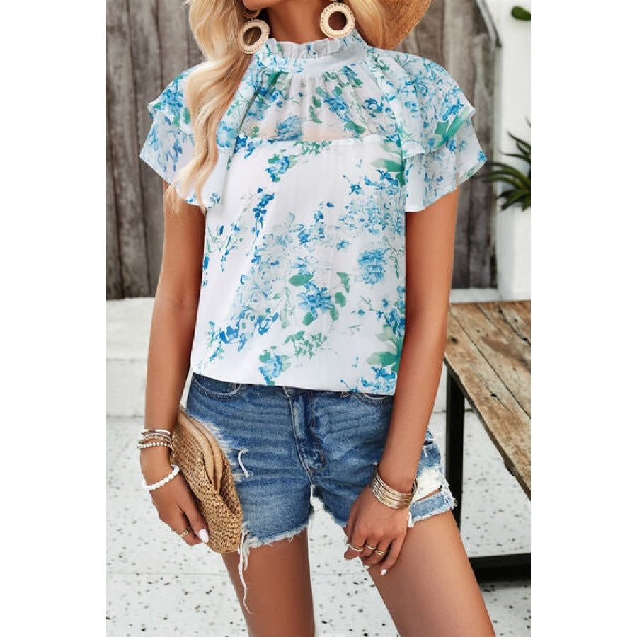 Printed Ruffled Mock Neck Blouse White / S Clothing