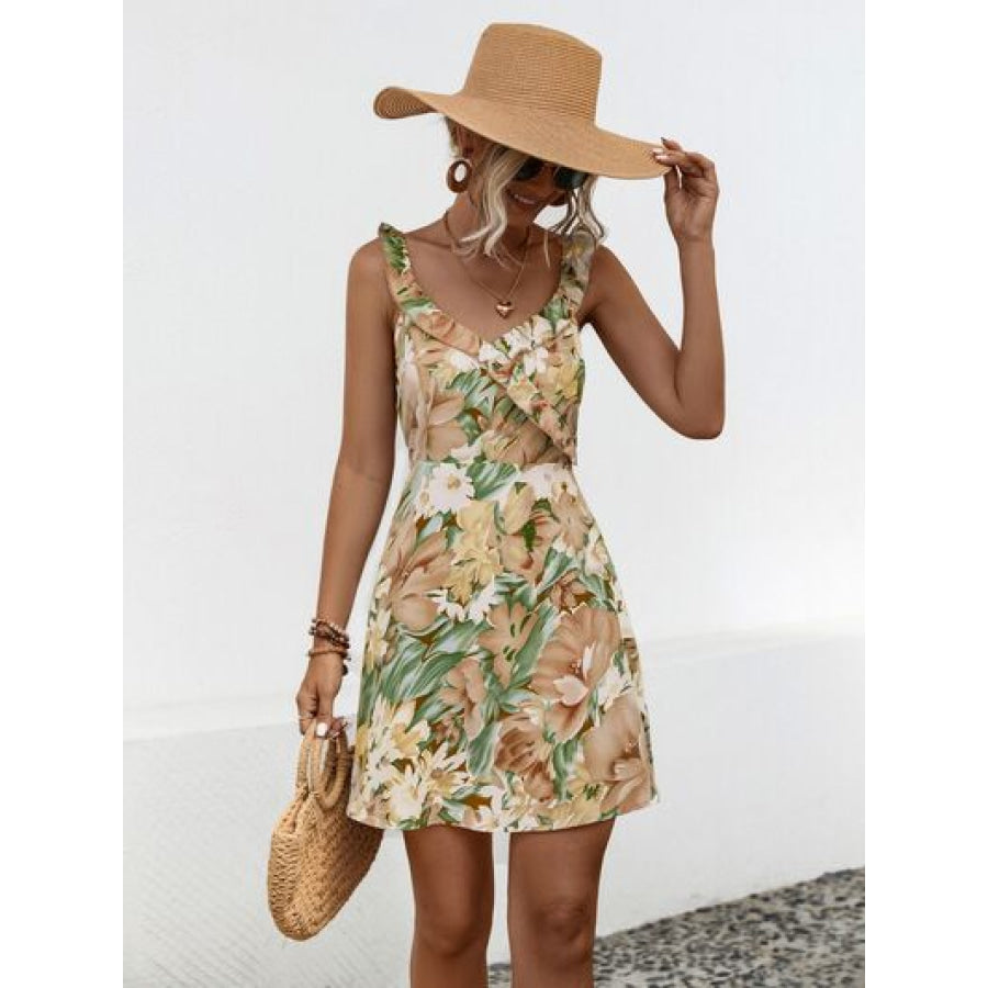 Printed Ruffled Surplice Wide Strap Mini Dress Apparel and Accessories