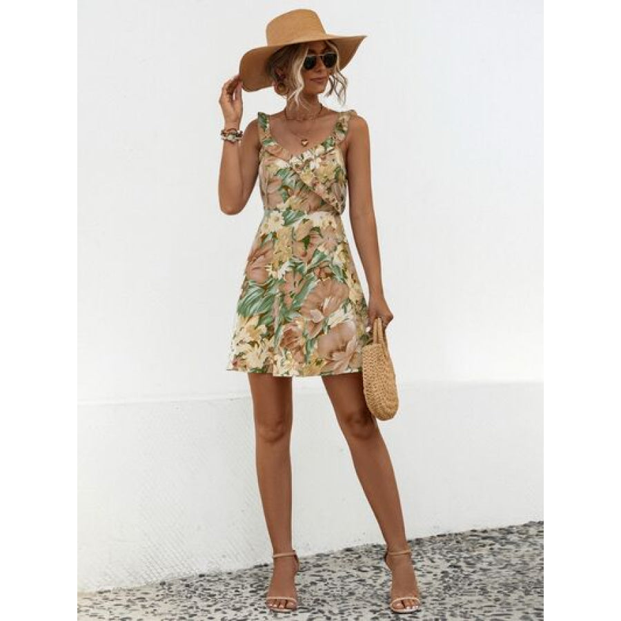 Printed Ruffled Surplice Wide Strap Mini Dress Apparel and Accessories