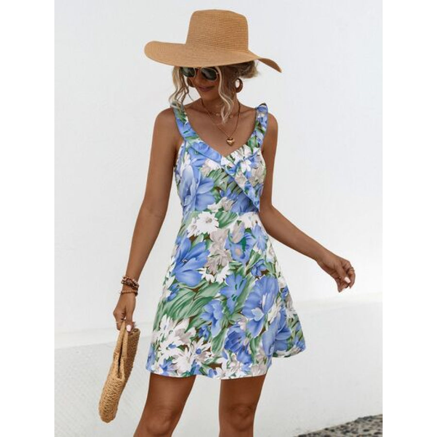 Printed Ruffled Surplice Wide Strap Mini Dress Apparel and Accessories