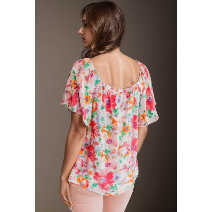 Printed Scoop Neck Flutter Sleeve Blouse Apparel and Accessories