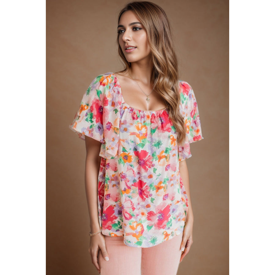 Printed Scoop Neck Flutter Sleeve Blouse Floral / S Apparel and Accessories