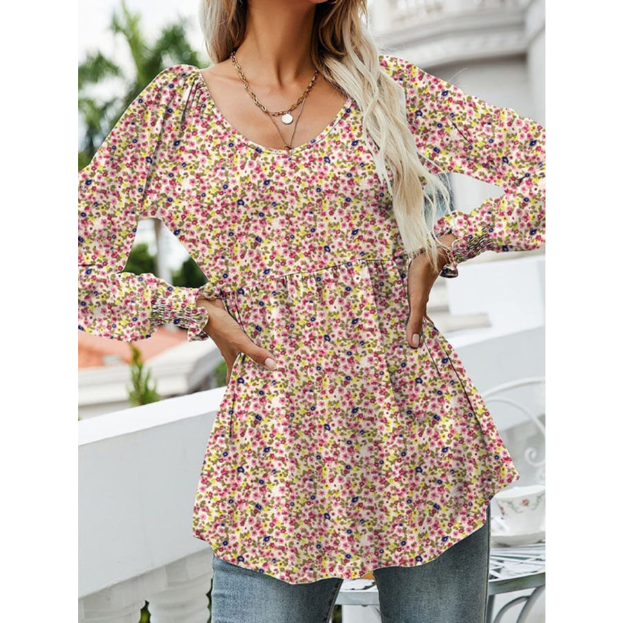 Printed Scoop Neck Long Sleeve Blouse Dusty Pink / S Apparel and Accessories