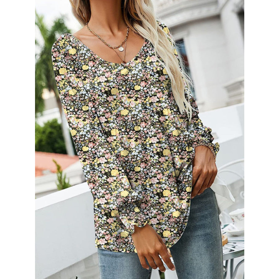 Printed Scoop Neck Long Sleeve Blouse Floral / S Apparel and Accessories