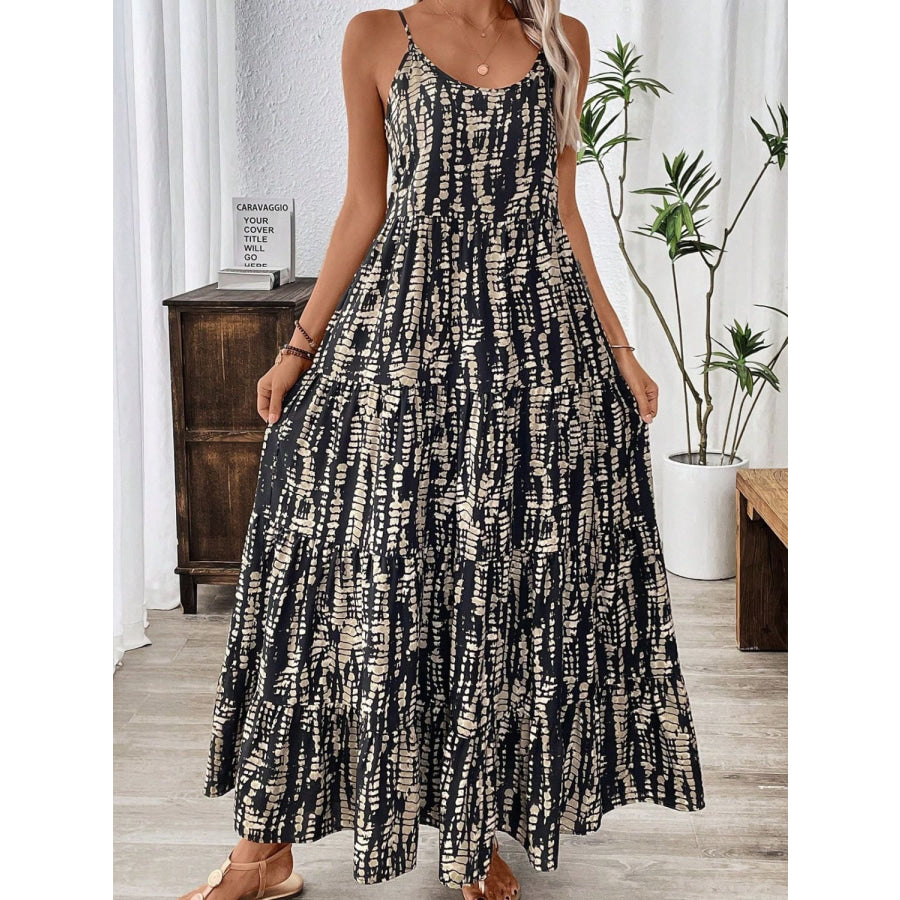 Printed Scoop Neck Maxi Cami Dress Black / S Apparel and Accessories