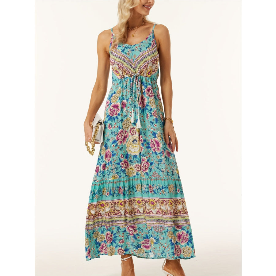 Printed Scoop Neck Midi Cami Dress Teal / S Apparel and Accessories