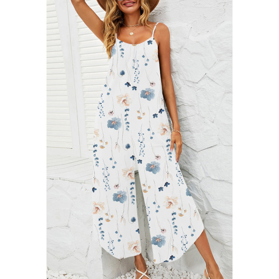Printed Scoop Neck Wide Leg Jumpsuit White / S Apparel and Accessories