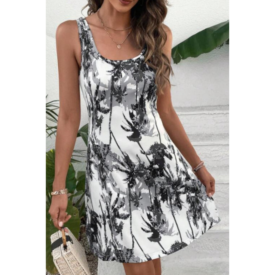 Printed Scoop Neck Wide Strap Mini Dress Black / S Apparel and Accessories