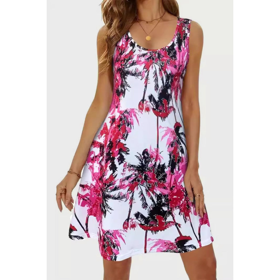 Printed Scoop Neck Wide Strap Mini Dress Deep Rose / S Apparel and Accessories