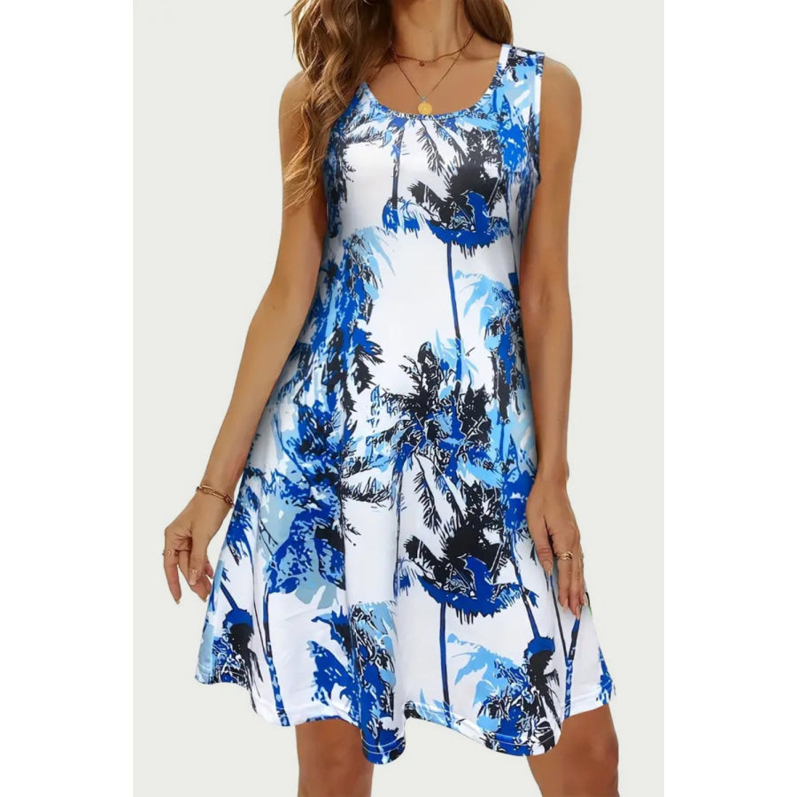 Printed Scoop Neck Wide Strap Mini Dress Royal Blue / S Apparel and Accessories