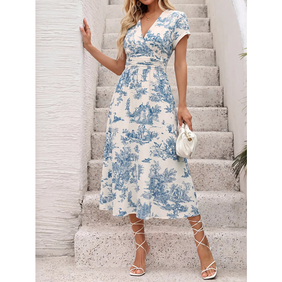 Printed Short Sleeve Midi Dress Apparel and Accessories