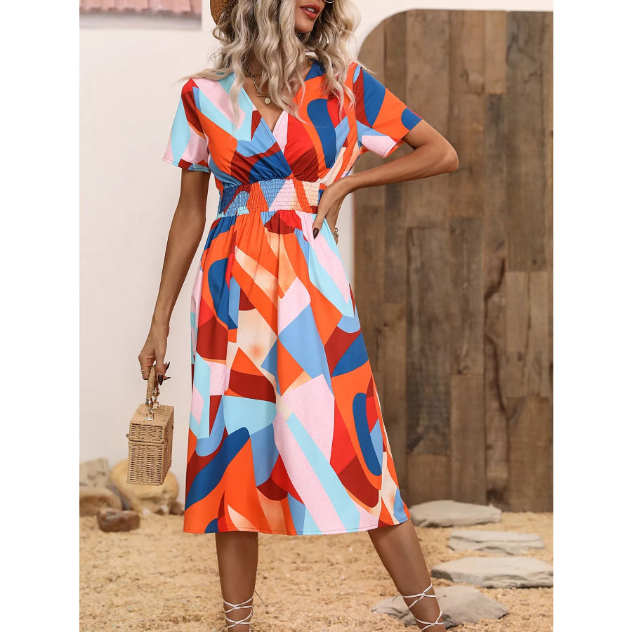 Printed Short Sleeve Midi Dress Apparel and Accessories