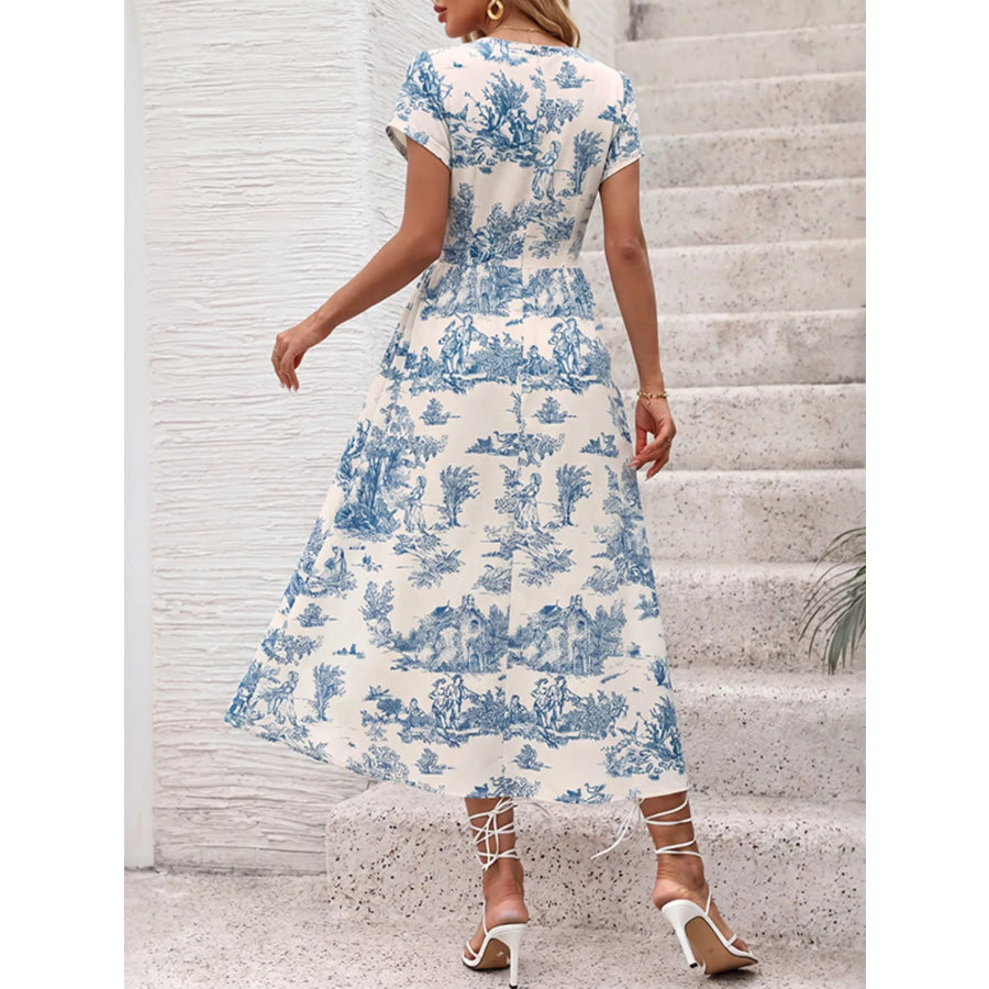 Printed Short Sleeve Midi Dress Apparel and Accessories