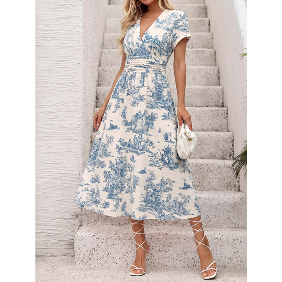 Printed Short Sleeve Midi Dress Apparel and Accessories