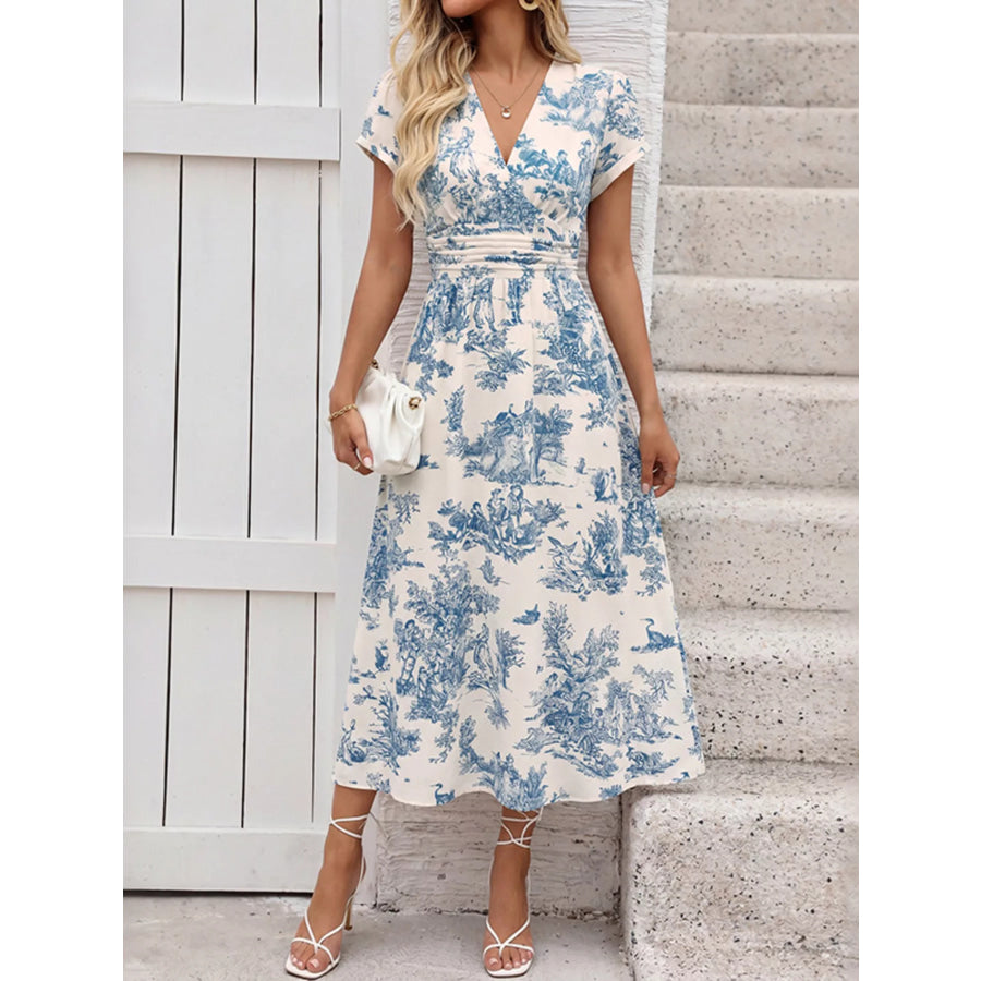 Printed Short Sleeve Midi Dress Apparel and Accessories