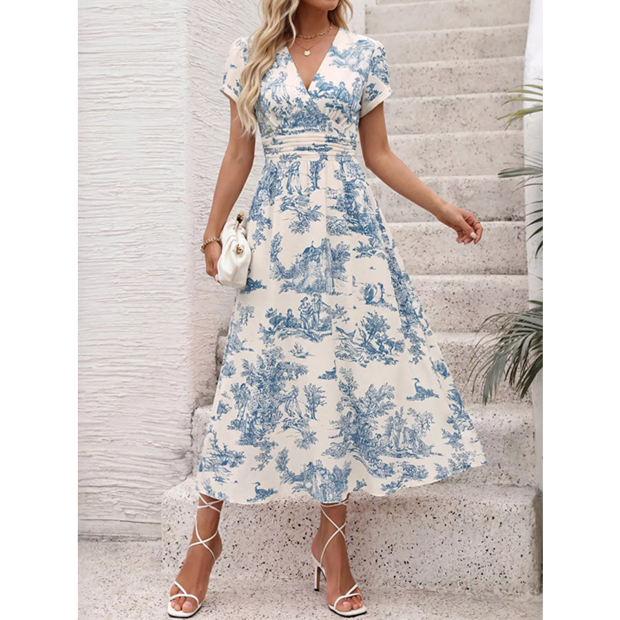 Printed Short Sleeve Midi Dress Apparel and Accessories