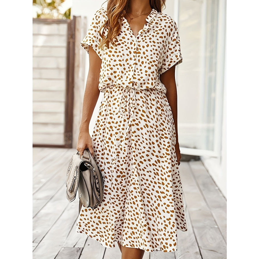 Printed Short Sleeve Midi Dress Apricot / S Apparel and Accessories