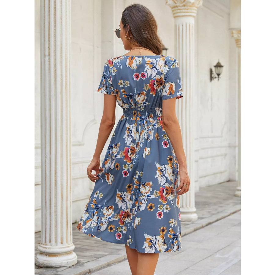 Printed Short Sleeve Midi Dress Blue Gray / S Apparel and Accessories