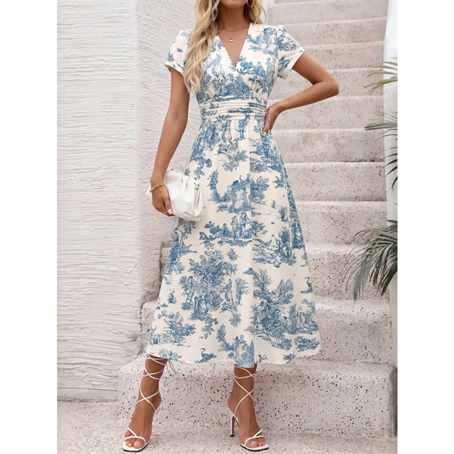 Printed Short Sleeve Midi Dress Blue / S Apparel and Accessories