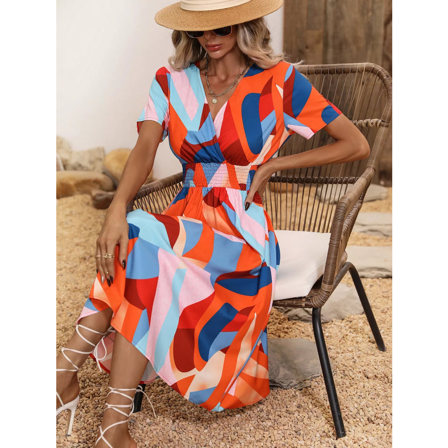 Printed Short Sleeve Midi Dress Orange Blue / S Apparel and Accessories