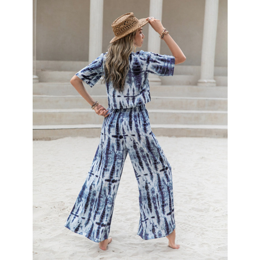 Printed Short Sleeve Shirt and Pants Set Dusty Blue / S Apparel and Accessories