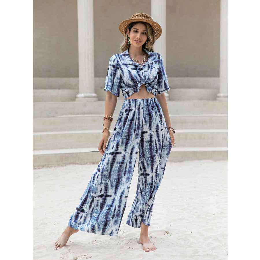 Printed Short Sleeve Shirt and Pants Set Dusty Blue / S Apparel and Accessories