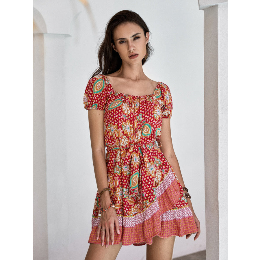 Printed Short Sleeve Tie Waist Mini Dress Apparel and Accessories