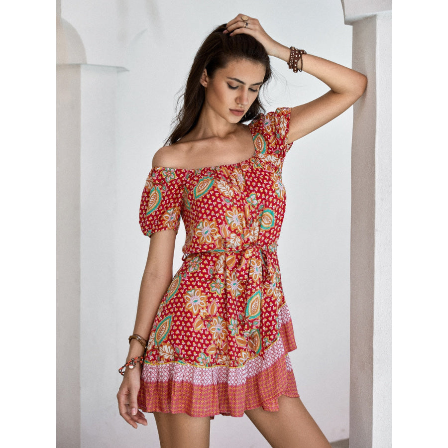 Printed Short Sleeve Tie Waist Mini Dress Apparel and Accessories