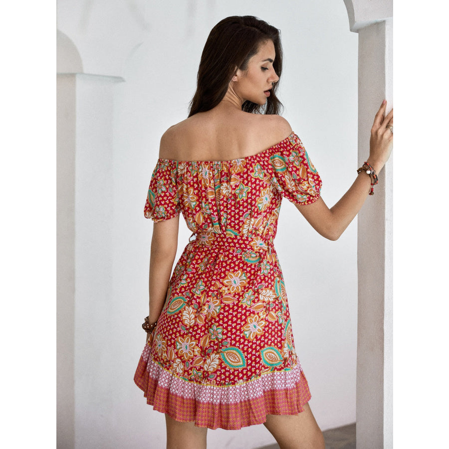 Printed Short Sleeve Tie Waist Mini Dress Apparel and Accessories