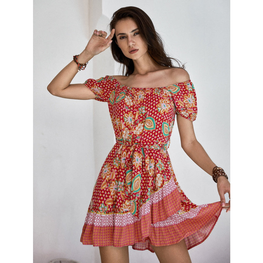 Printed Short Sleeve Tie Waist Mini Dress Deep Red / S Apparel and Accessories