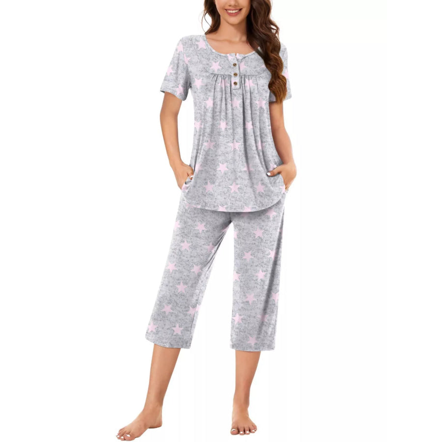 Printed Short Sleeve Top and Cropped Pants Lounge Set Gray / S Apparel Accessories